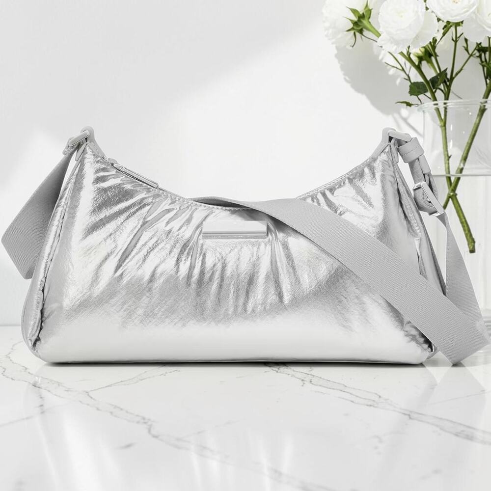 NWT Kate Spade Carter Metallic Fabric Small Shoulder Bag Silver KM706